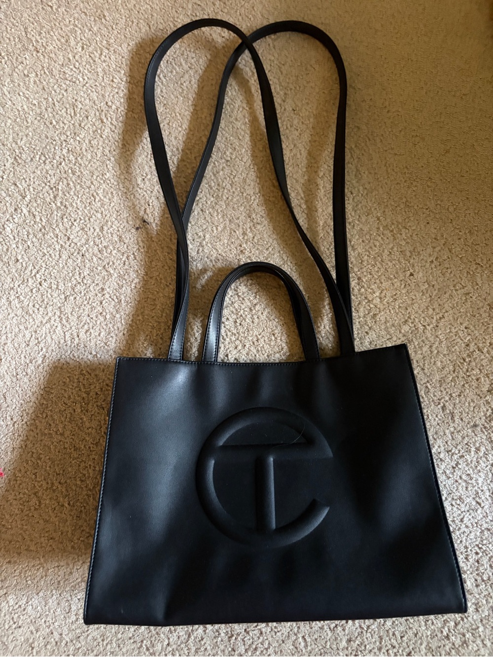 Black Medium Telfar Leather Tote with Embossed Logo